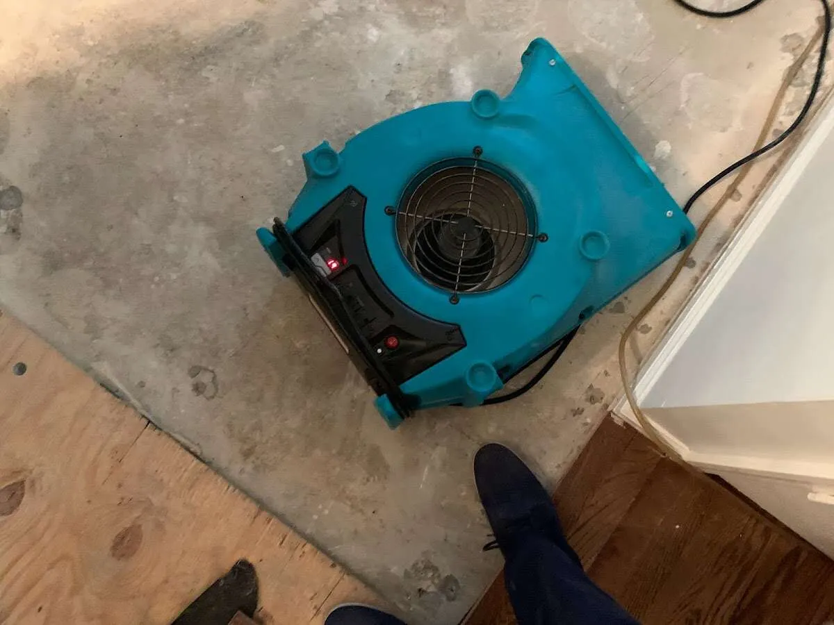 Air mover drying subfloor during Commercial Water Damage Restoration in Southaven
